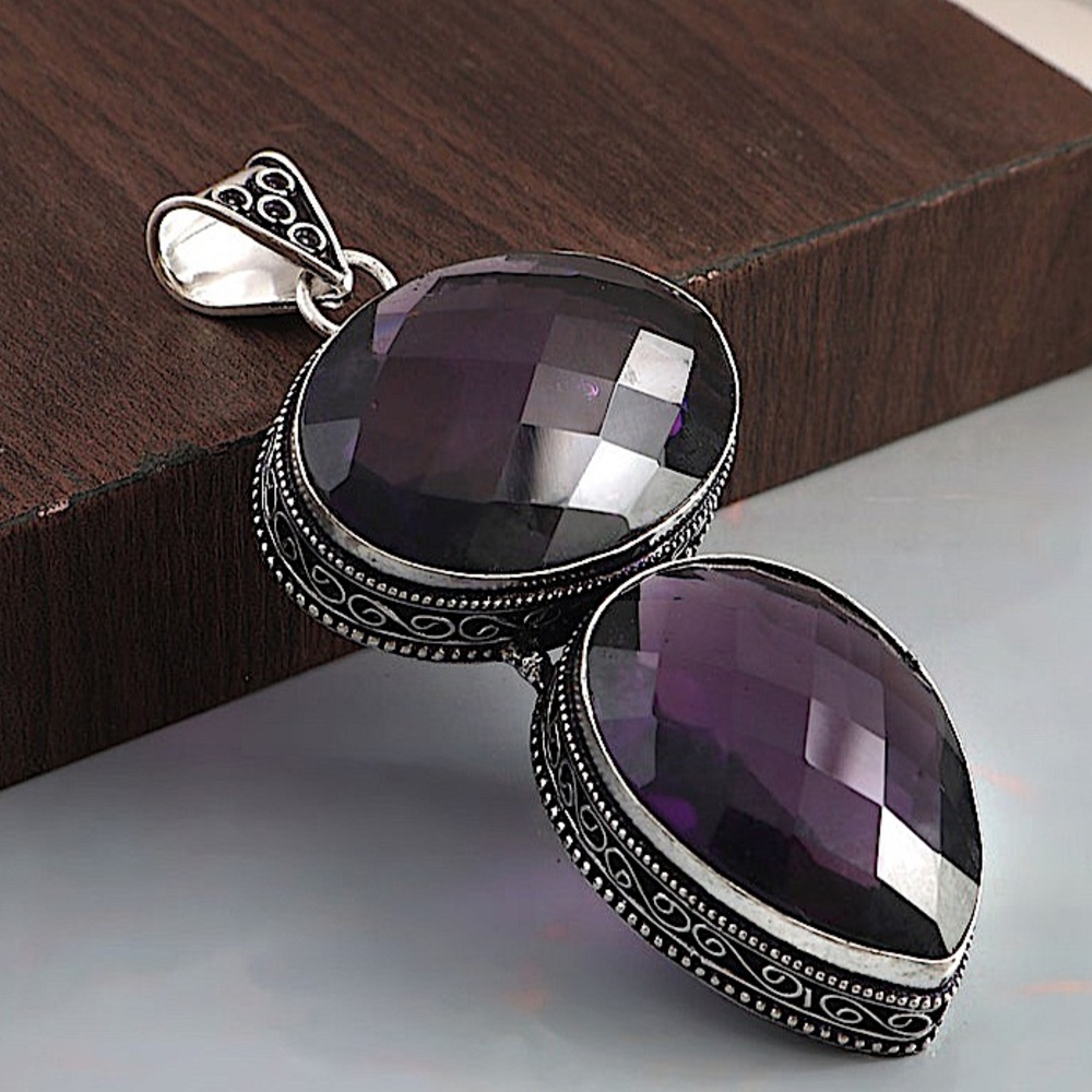 Antique Amethyst Pendant Necklace, Sterling Silver, Charm Gemstone, State… - Picture 5 of 7